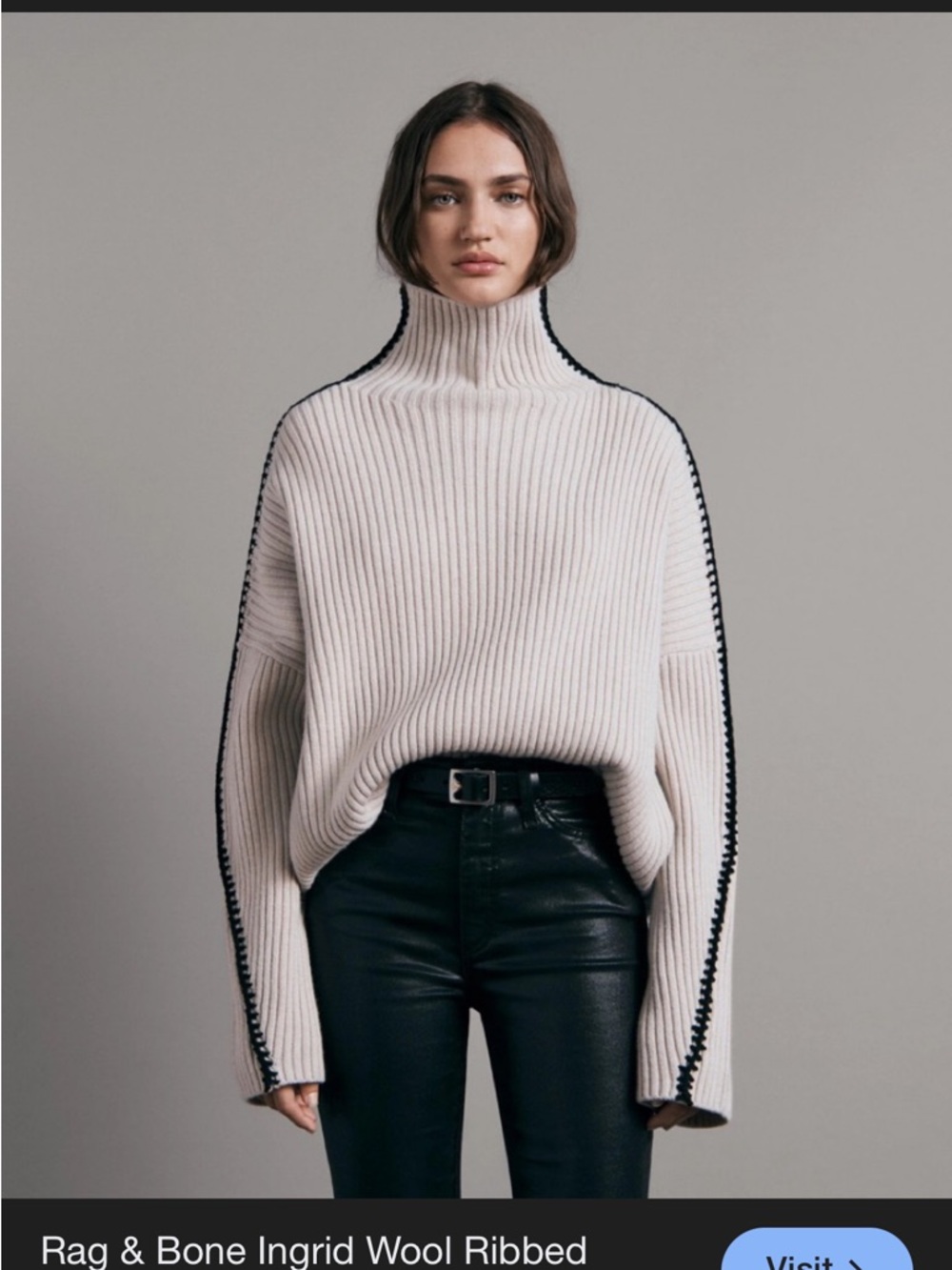 rag & bone Ingrid Cream Ribbed Wool Turtleneck with Black Trim